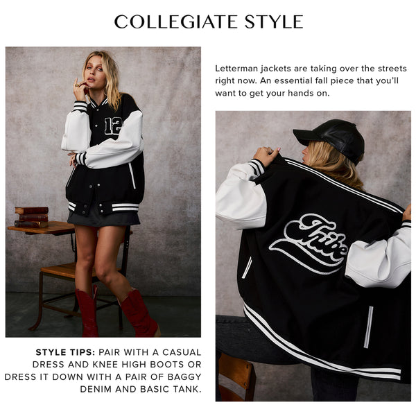 Collegiate style guide: black and white varsity letterman jacket worn with a mini skirt and red boots.