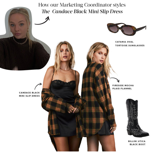 Styling layout: Candace black slip dress with mocha plaid flannel, tortoise sunglasses, and cowboy boots for a festival.
