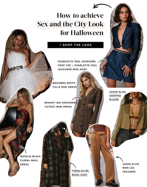 How to achieve a Sex and the City Halloween look, shop-the-look collage of labeled outfit pieces.