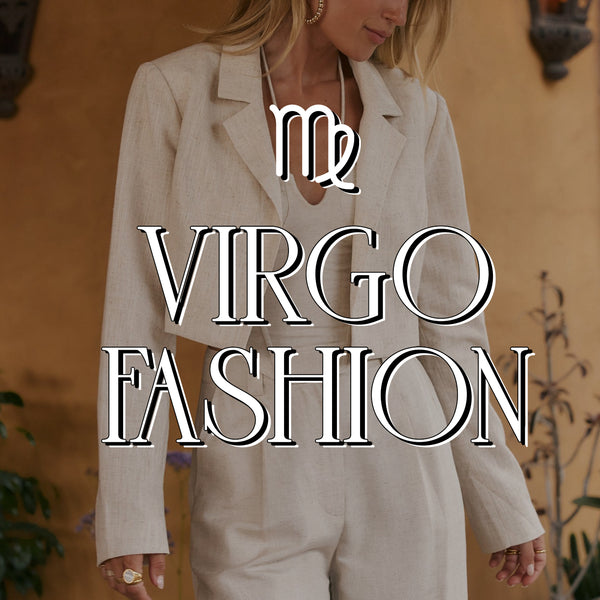 Virgo Fashion blog header over a woman in beige linen resort wear for women.