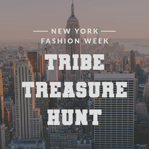 New York Fashion Week Tribe Treasure Hunt title over the Manhattan skyline at dusk.