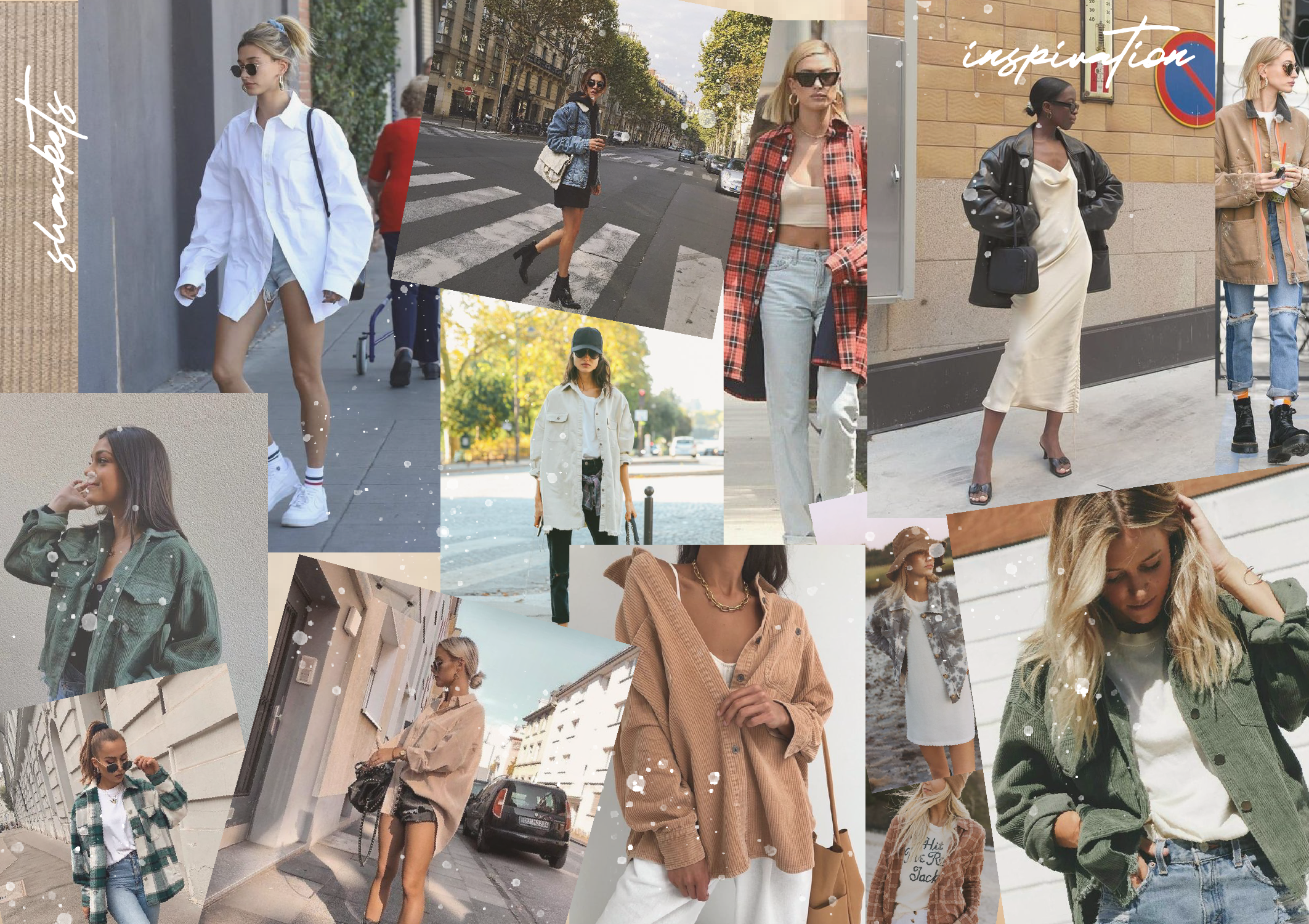 Shacket styling inspiration mood board with plaid, corduroy, and denim outfit ideas.