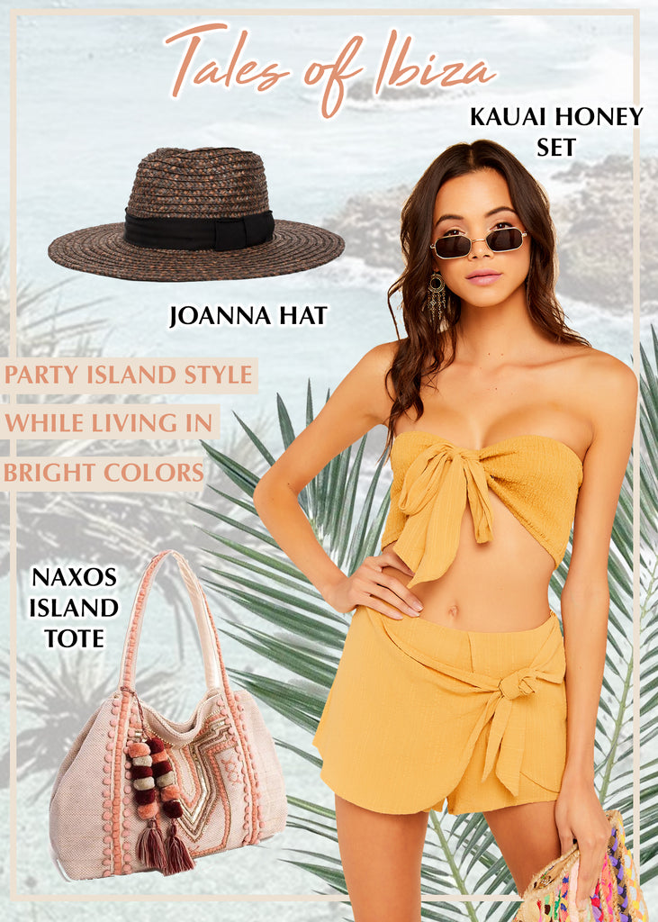 Tales of Ibiza collage: yellow Kauai Honey set, straw Joanna hat, and Naxos tote for island resort wear.