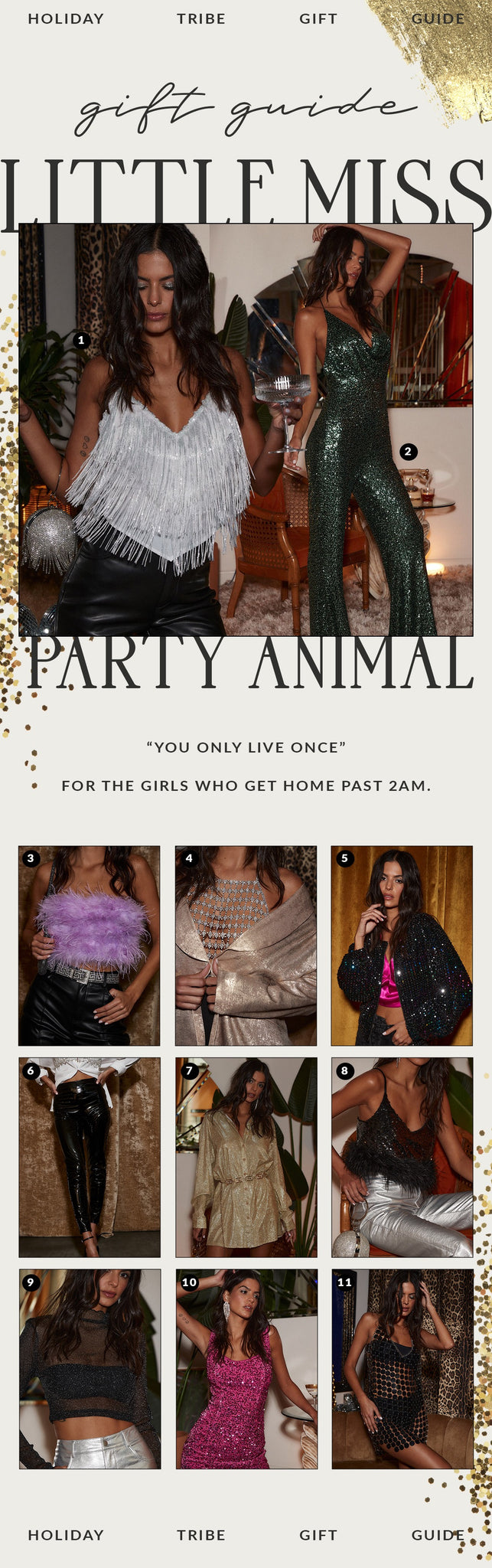 Little Miss Party Animal gift guide of sequin tops, jumpsuits, and holiday party outfits for women.