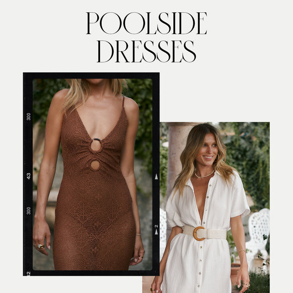 Resort dresses for women poolside: brown ring-cutout maxi beside a white belted button-up shirtdress.