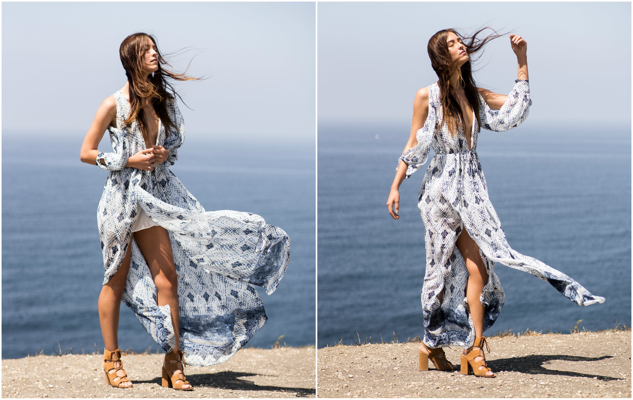 Person in blue and white print maxi dress with tan heels on a coastal cliff.