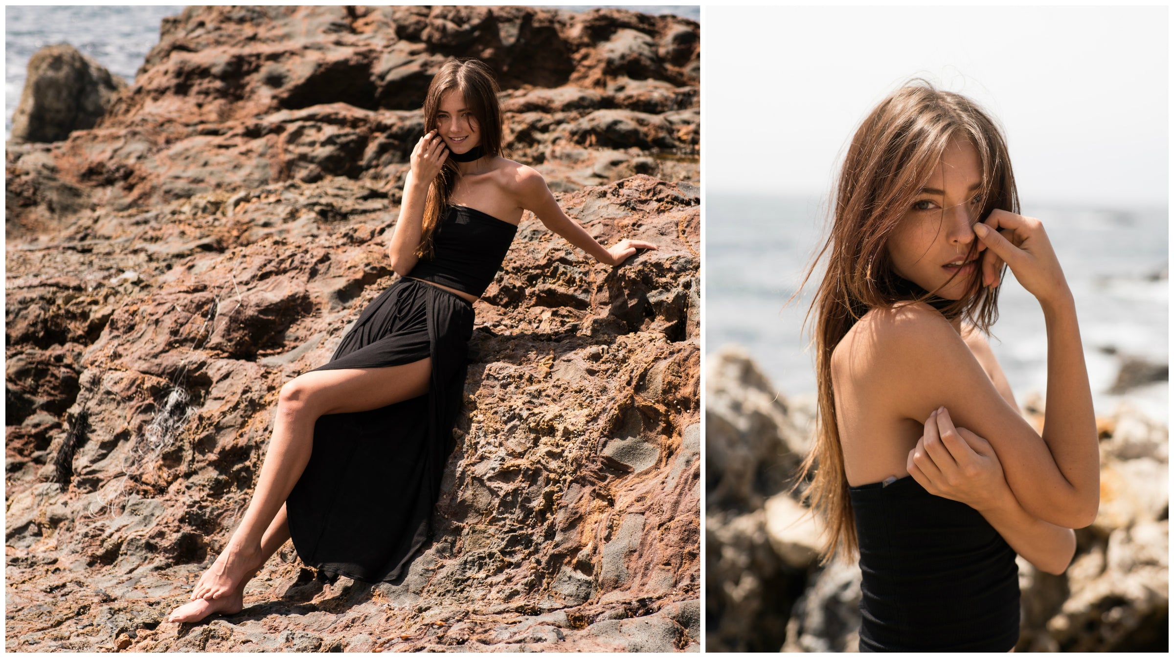 Two-shot collage of model in black strapless top and high-slit maxi skirt on coastal rocks.