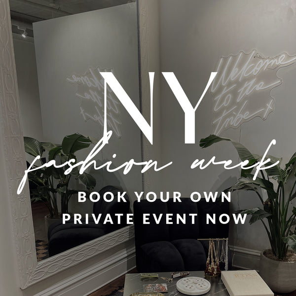 NY Fashion Week graphic over a styled showroom, inviting shoppers to book a private event.