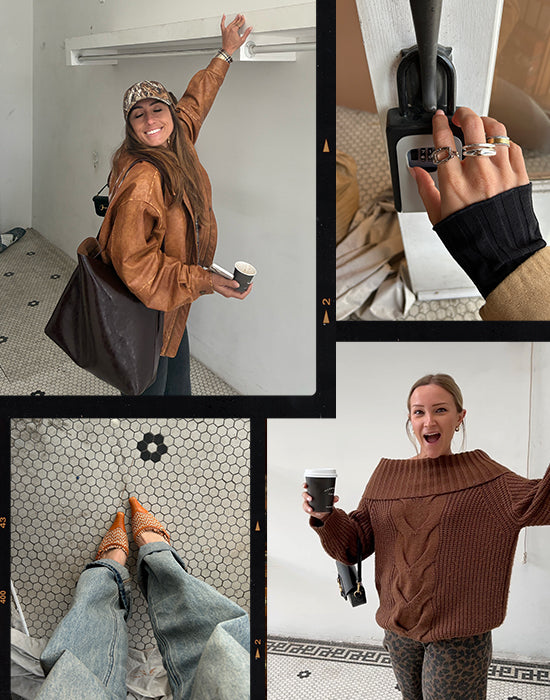 Collage of women modeling casual autumn outfits, leather jacket, knit sweater, and stacked rings.