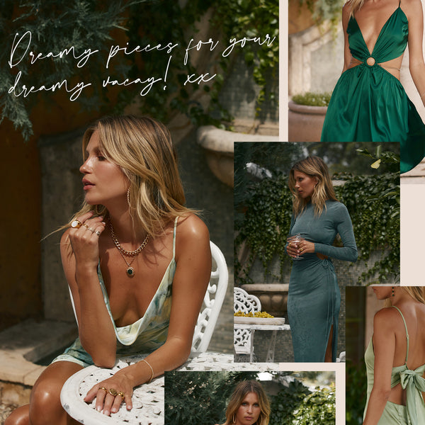 Collage of women in flowing green dresses modeling summer vacation outfits in an Italian garden.