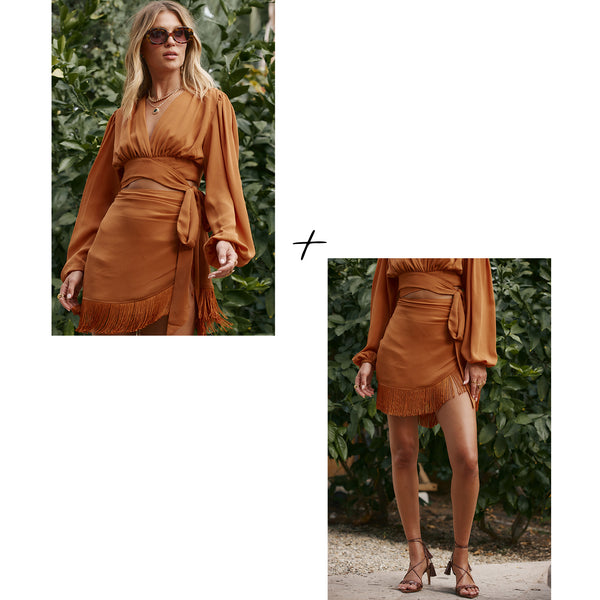 Caramel satin wrap top paired with a fringe-hem skirt, a chic resort outfit for women.