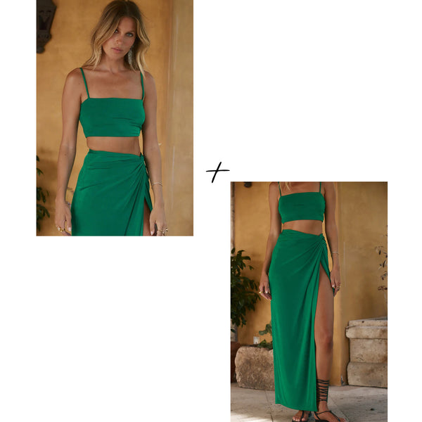 Emerald green crop top and matching wrap maxi skirt styled as a resort outfit.