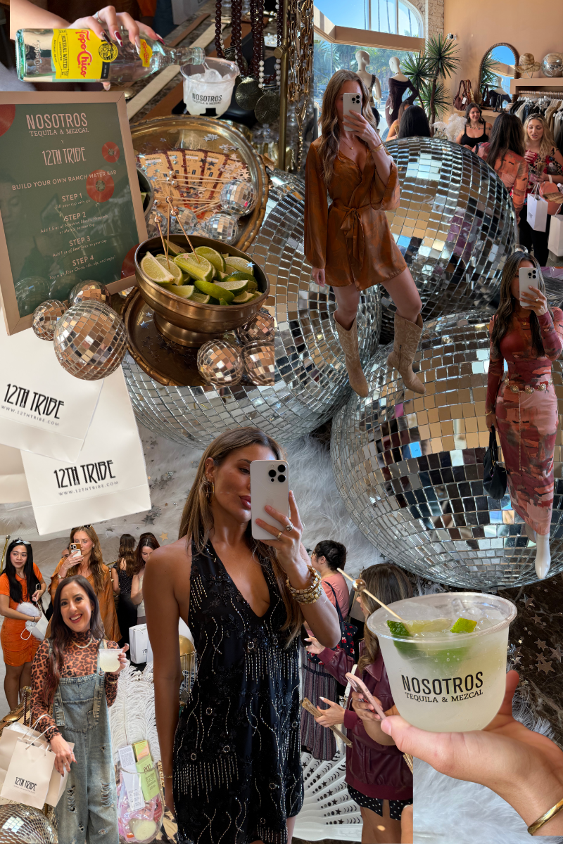 Collage from a Taylor Swift themed party with disco balls, ranch water cocktails, and sparkly 12th Tribe outfits.