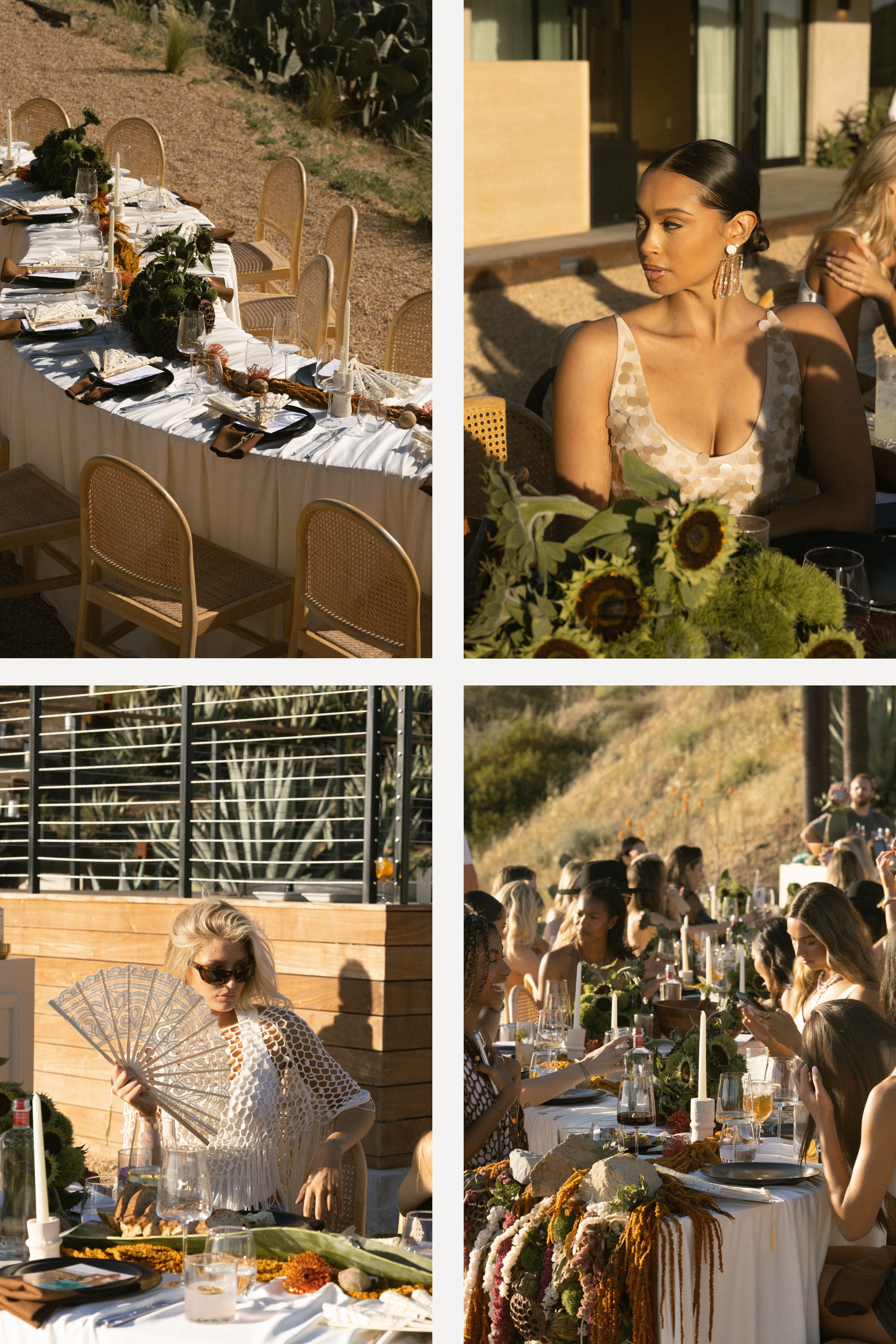 Outdoor desert tablescape and women in resort wear gathered at a 12th Tribe Tribe Table dinner.