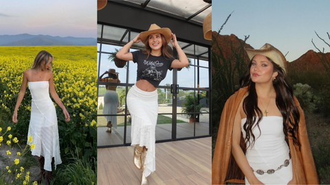 Three boho festival looks featuring white skirts, cowboy hats, and western styling in desert and field settings.