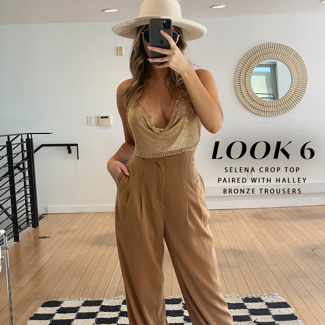 Look 6 Nashville bachelorette outfit: gold Selena crop top with Halley bronze trousers and hat.