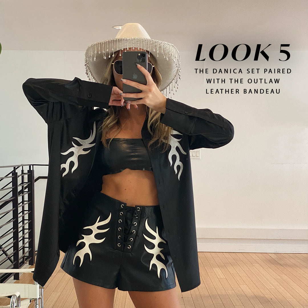 Look 5: black Danica shirt and shorts set styled for a Nashville bachelorette outfit.