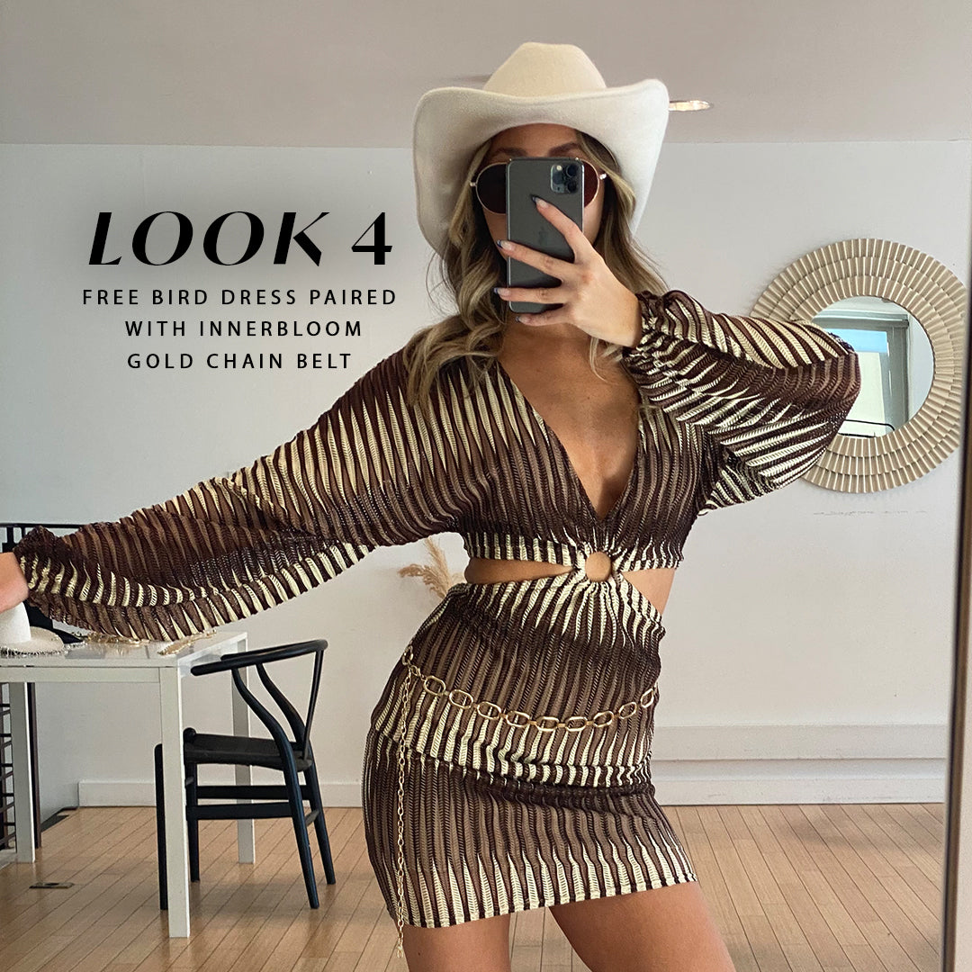 Look 4 styles the Free Bird cutout dress with a gold chain belt as a festival outfit.
