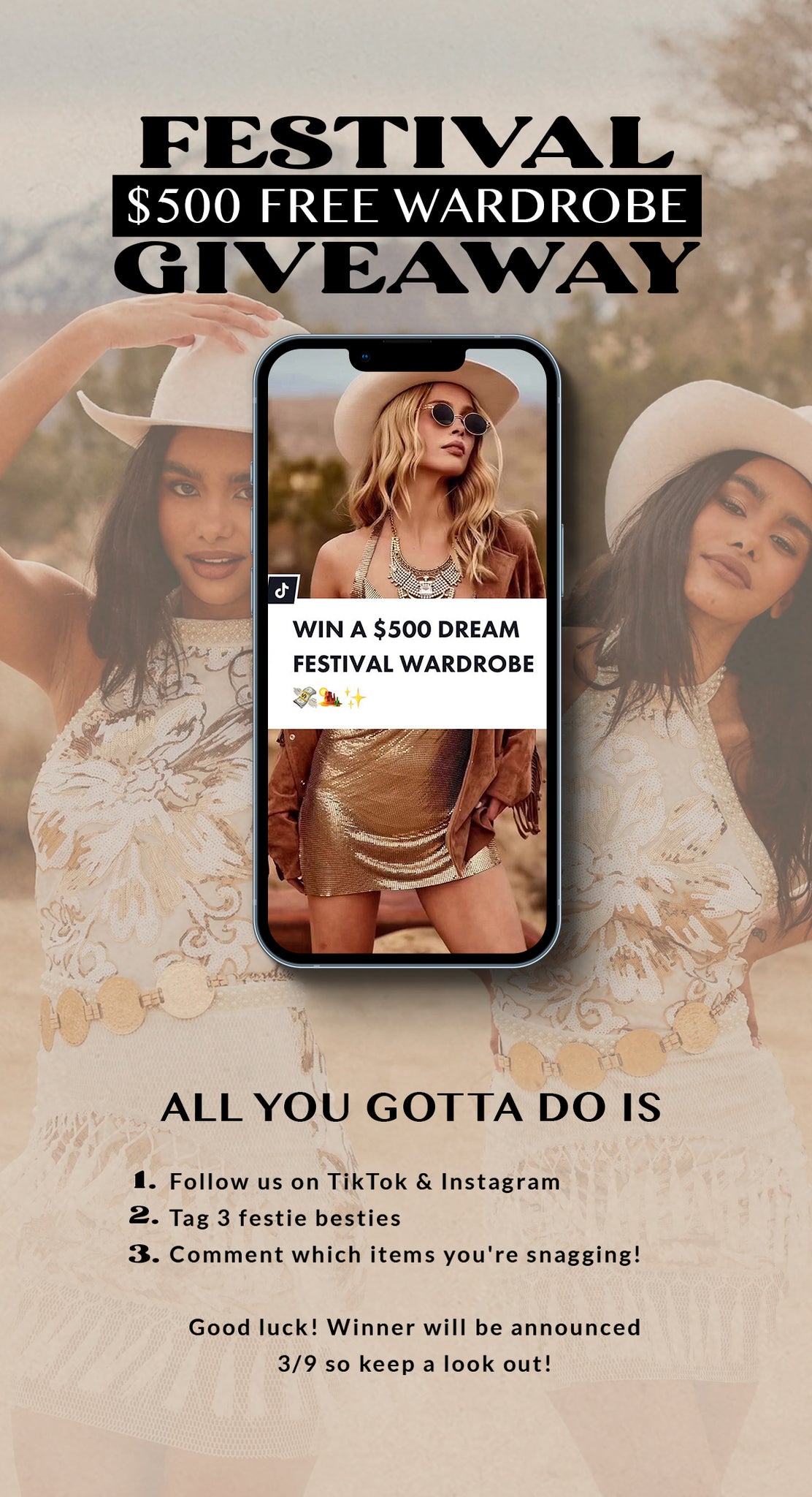 Festival $500 free wardrobe giveaway with model styled in a gold sequin festival outfit.