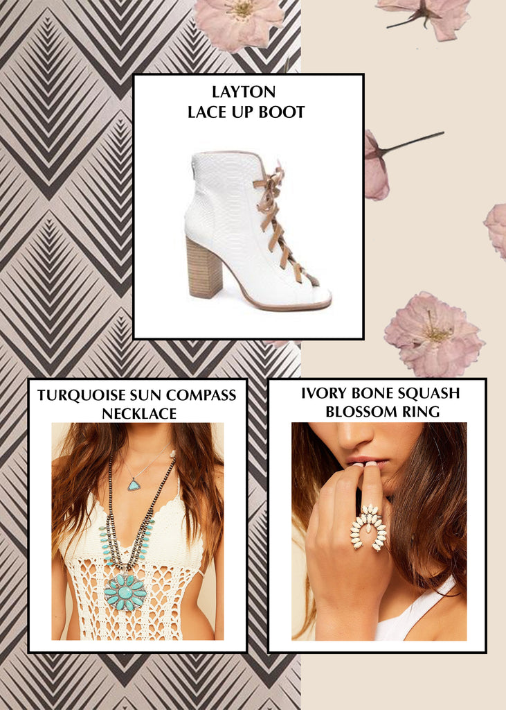Festival outfit picks: white Layton lace-up boots, turquoise sun compass necklace, ivory squash blossom ring.