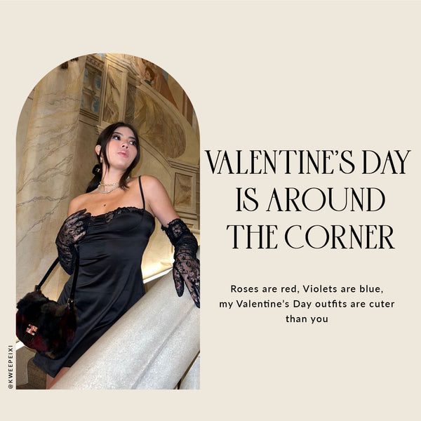 Woman in black lace slip dress and gloves headlines a Valentine's Day outfits feature.