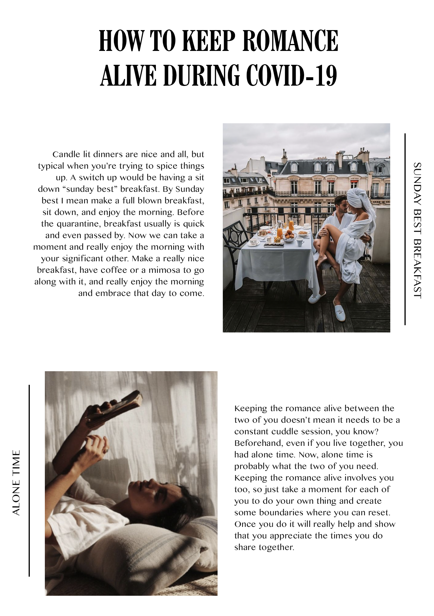 Couple in robes sharing breakfast on a Paris balcony, with a relaxed bedtime reading scene.