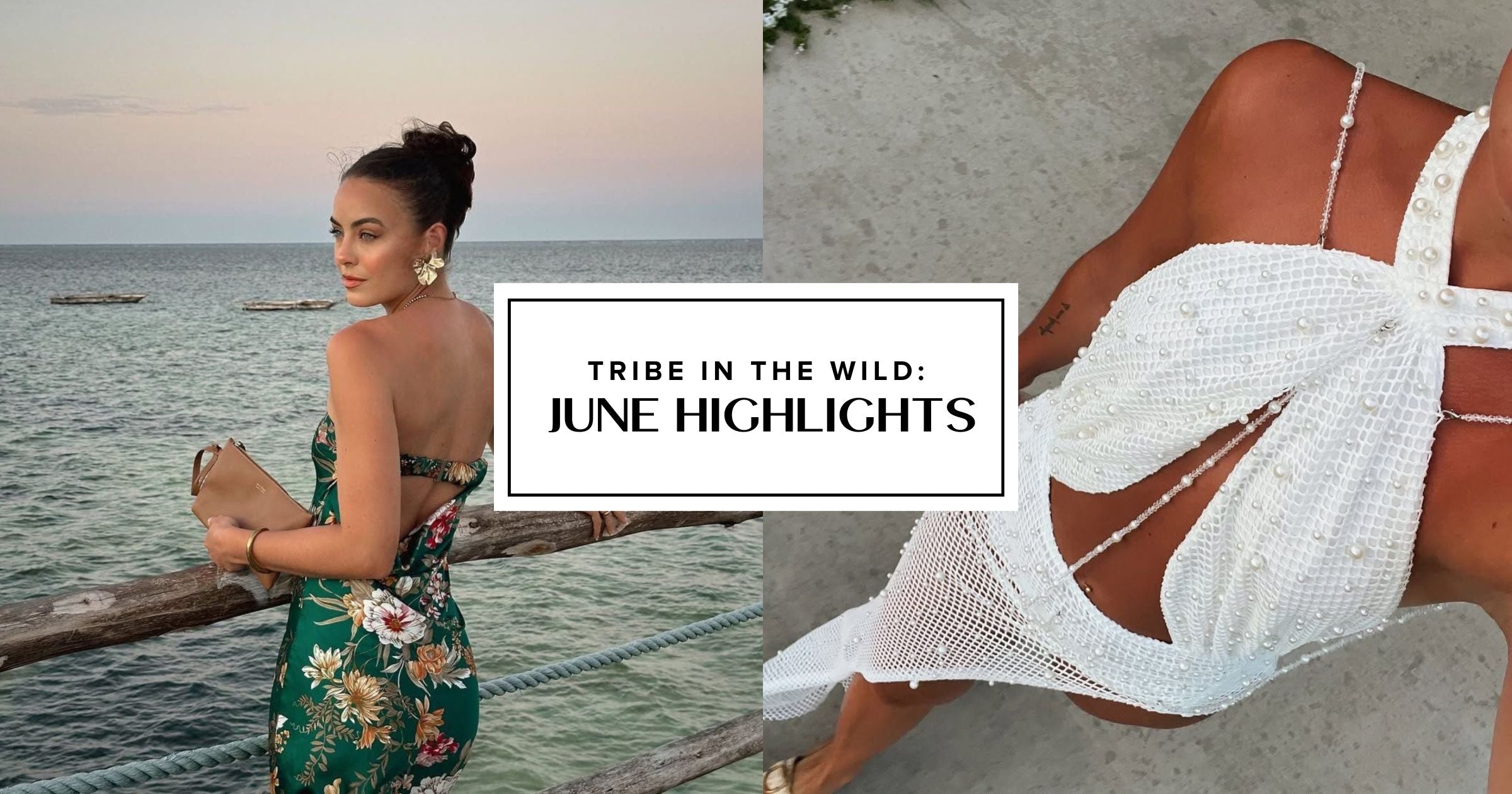 Blog cover: green floral dress by the sea and white pearl beach cover-up on sand.