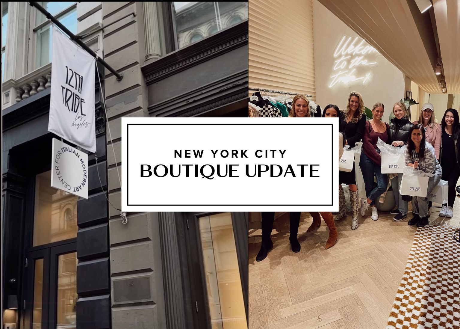 12th Tribe storefront banner and shoppers gathered in the New York City boutique.