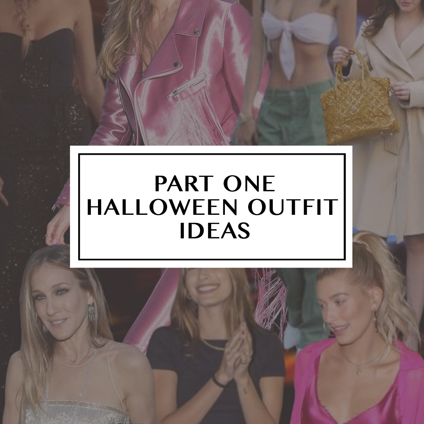 Collage of celebrity-inspired fashion looks fronting a Halloween outfit ideas blog cover.