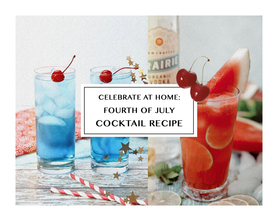Blog cover for a Fourth of July cocktail recipe, blue and red drinks with cherry garnish.