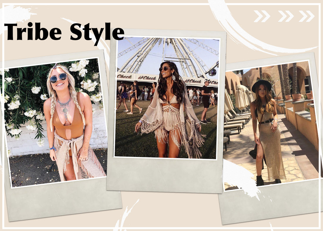 Tribe Style polaroid collage of three women in boho festival outfits at Coachella.
