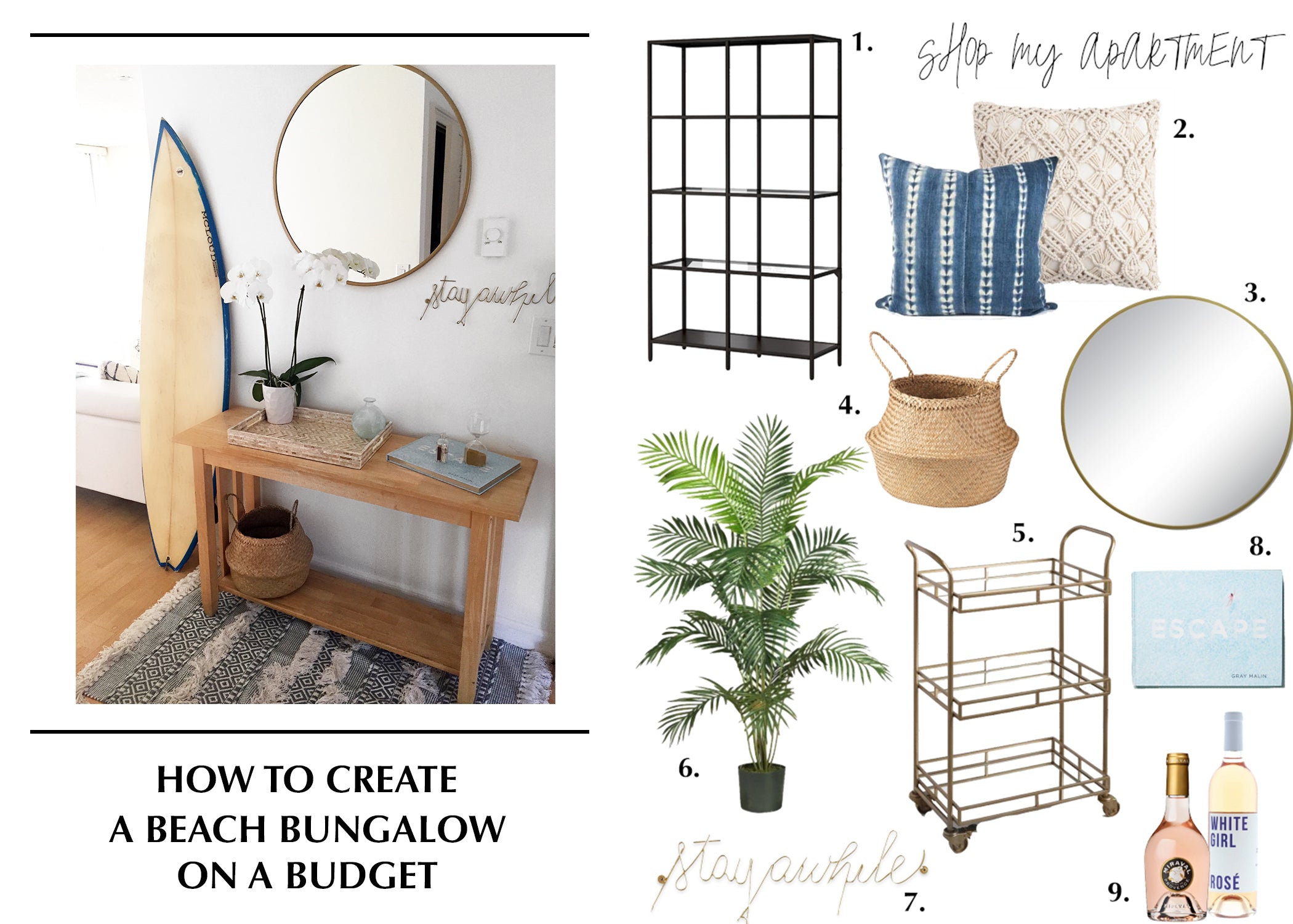 Beach bungalow entryway with surfboard, round mirror, and a numbered shop-the-look decor collage.