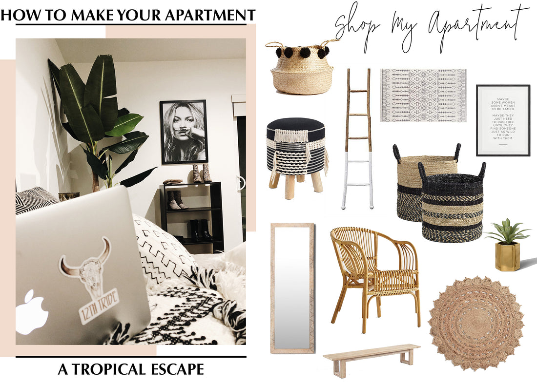 Boho apartment decor collage with banana plant, woven baskets, rattan chair, and mudcloth bedding.