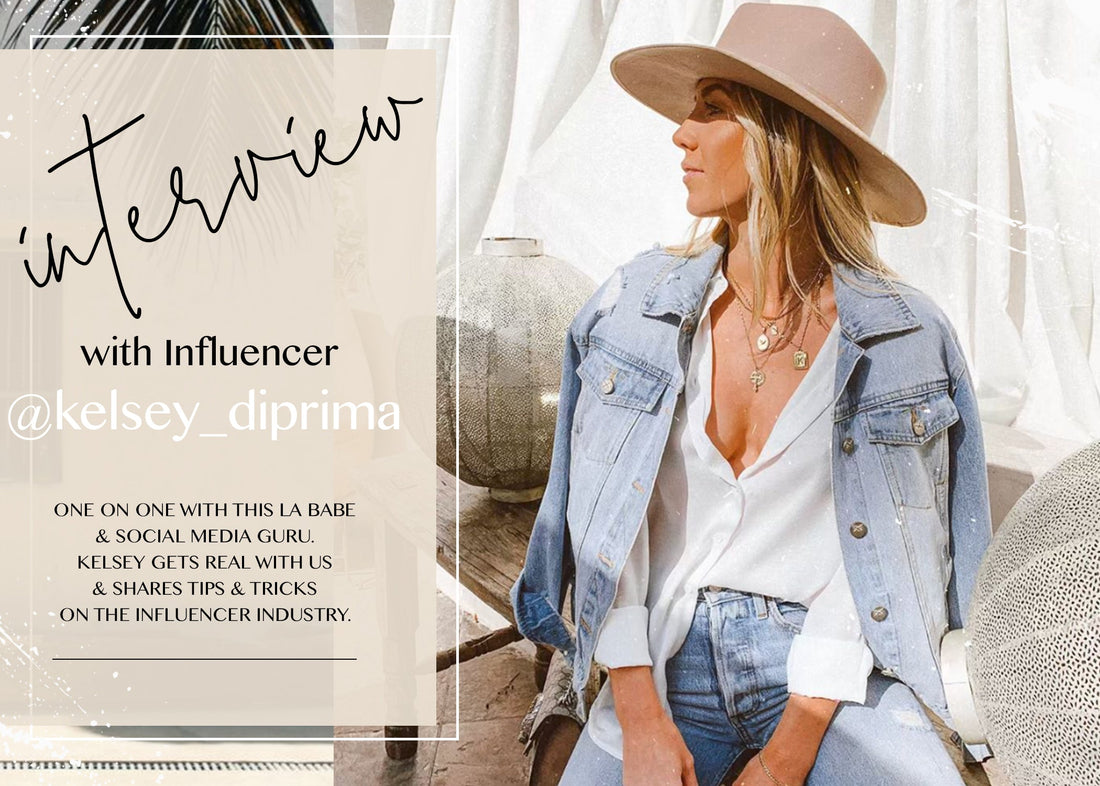 Influencer Kelsey Diprima in a denim jacket and felt hat on the 12th Tribe interview cover.