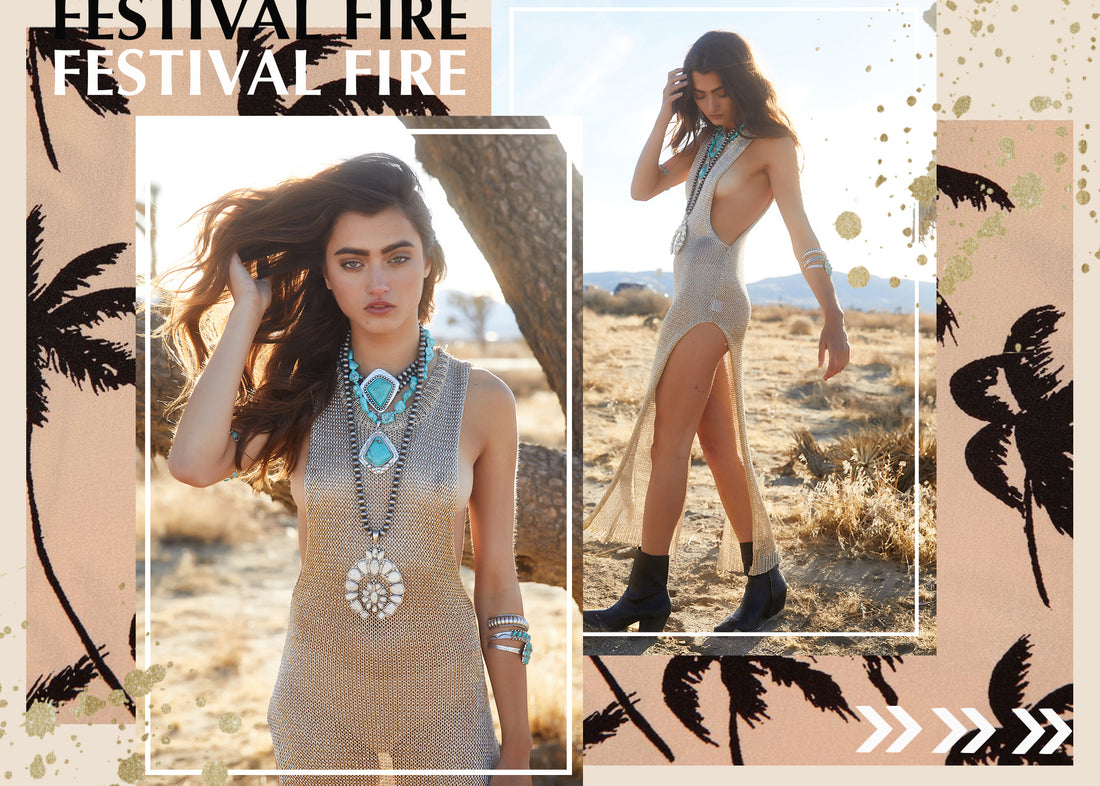 Festival Fire desert shoot: metallic knit maxi dress styled with turquoise jewelry and ankle boots.