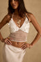 Oceana Pearl Payette top with white shell payettes and sheer beaded mesh midriff.
